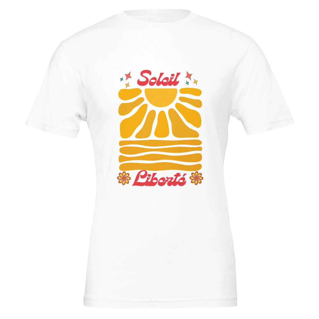 T-shirt blanc oversize avec grand motif Soleil et Liberté au centre du devant.