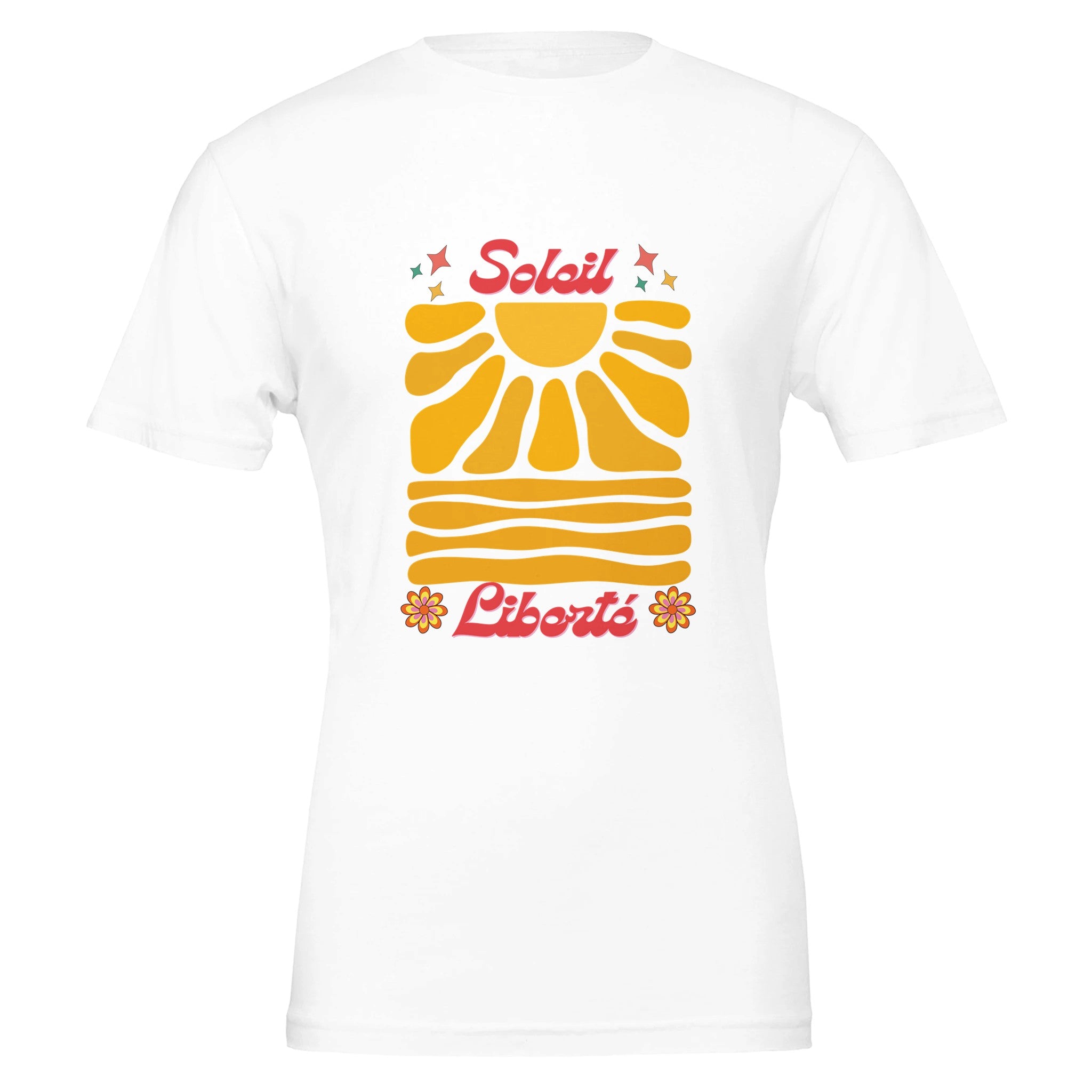 T-shirt blanc oversize avec grand motif Soleil et Liberté au centre du devant.