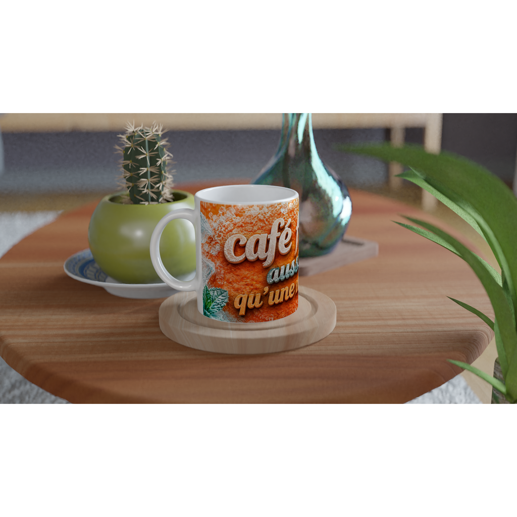 Mug en céramique orange « café… qu’une mandarine » avec anse blanche.