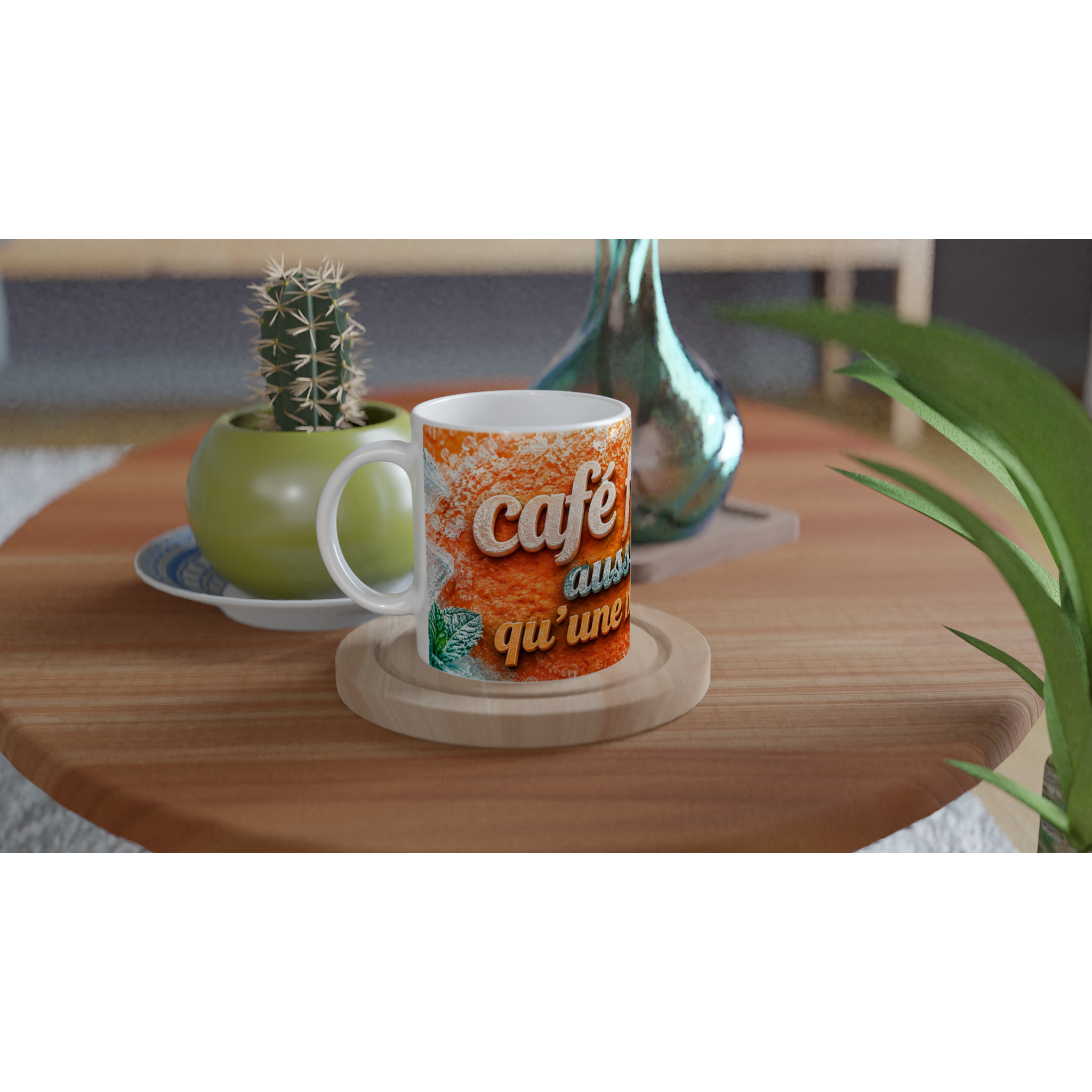 Mug en céramique orange « café… qu’une mandarine » avec anse blanche.