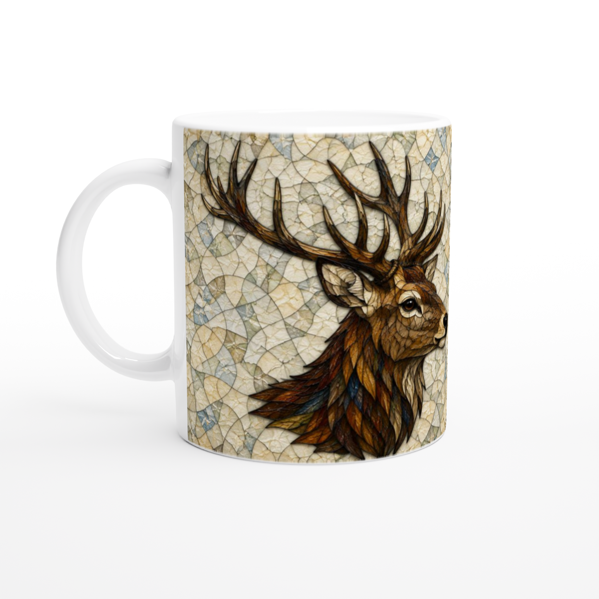 Mug en céramique blanche, cerf de profil avec grandes cornes, illustration pleine