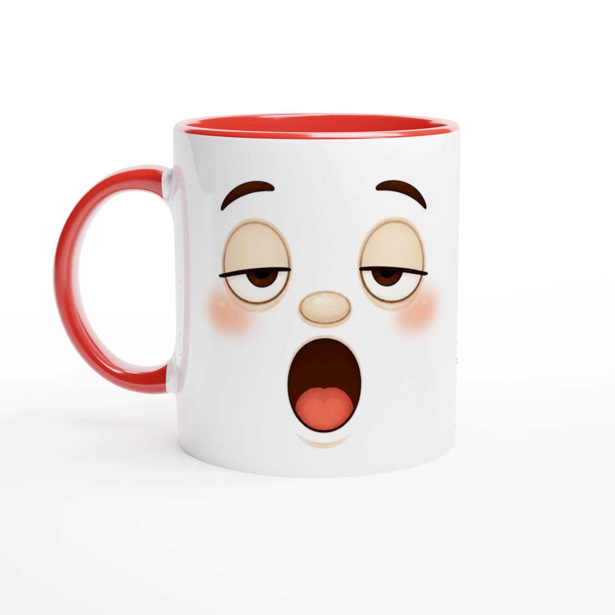 Mug en céramique bicolore blanc et rouge, avec visage kawaii imprimé.