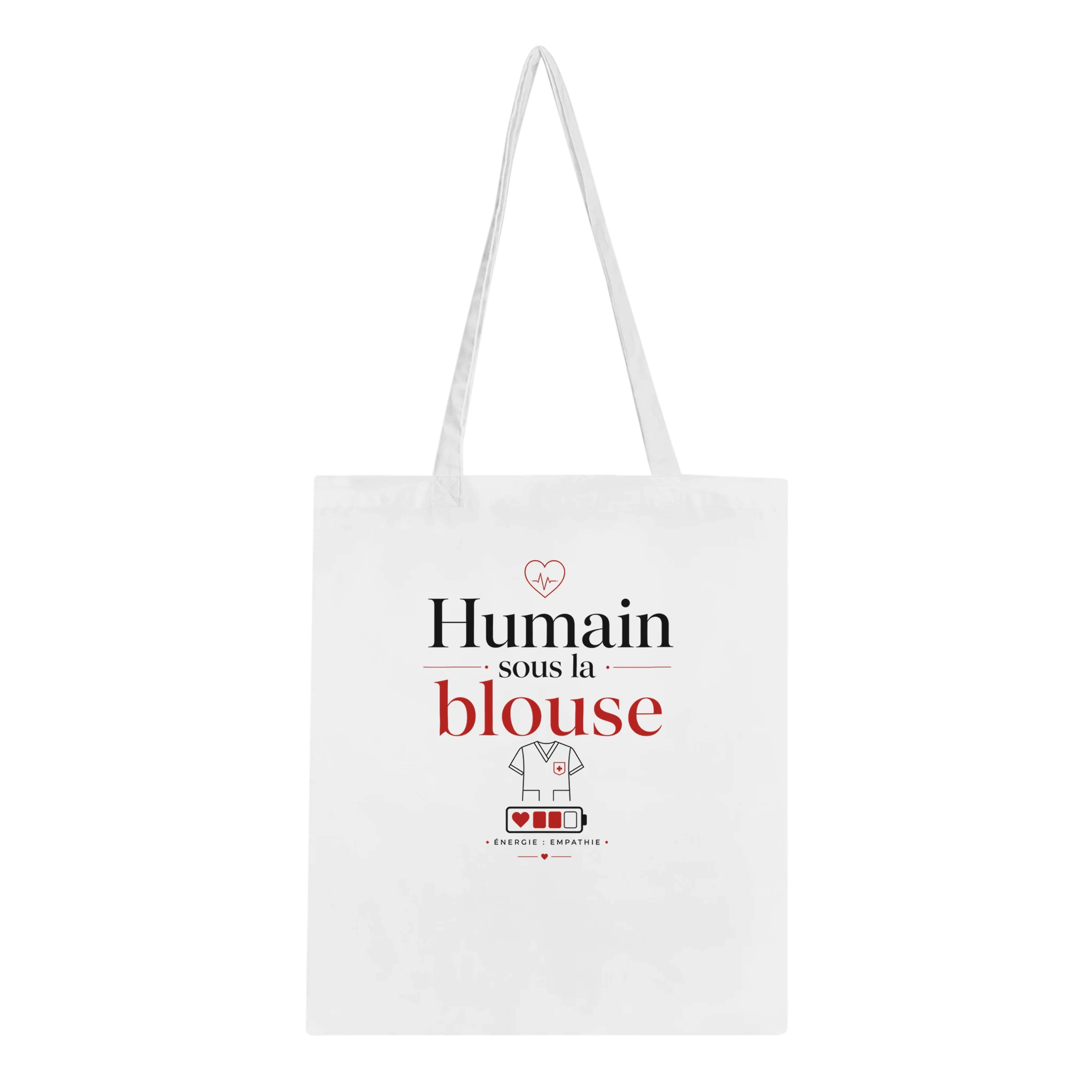 Tote bag en toile blanche avec motif « Humain sous la blouse »