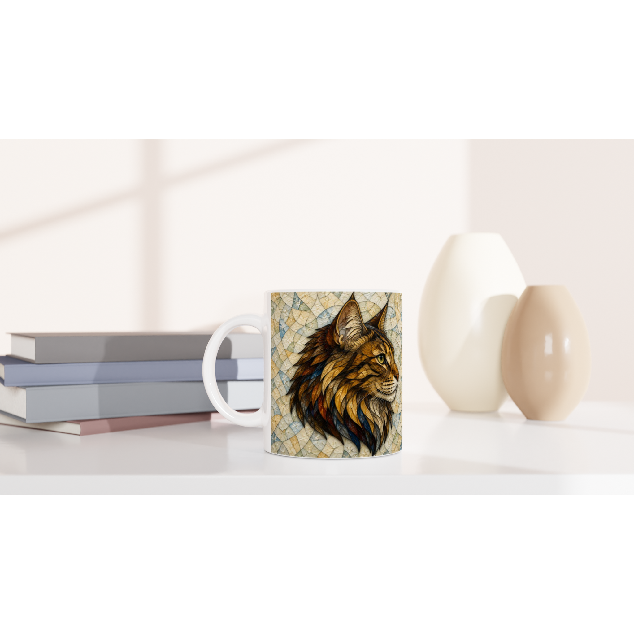 Tasse en céramique blanche 11 oz, lion illustré sur le devant, anse