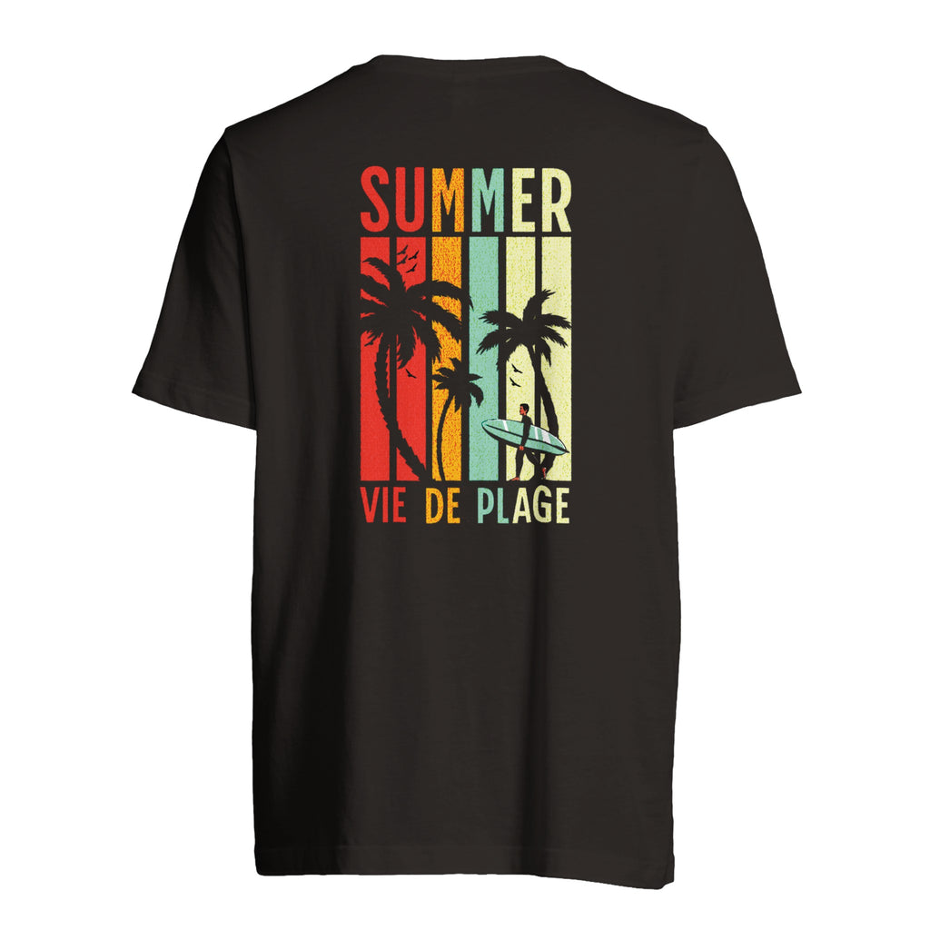 T-shirt oversize noir, imprimé dos «SUMMER VIE DE PLAGE» en rectangle multicolore