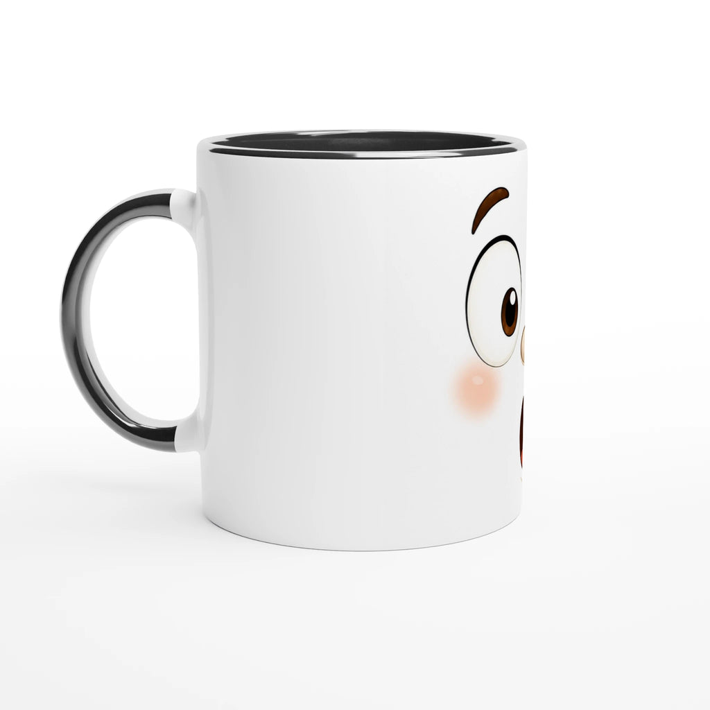Mug en céramique blanche avec bord et anse noirs, œil kawaii abeille visible