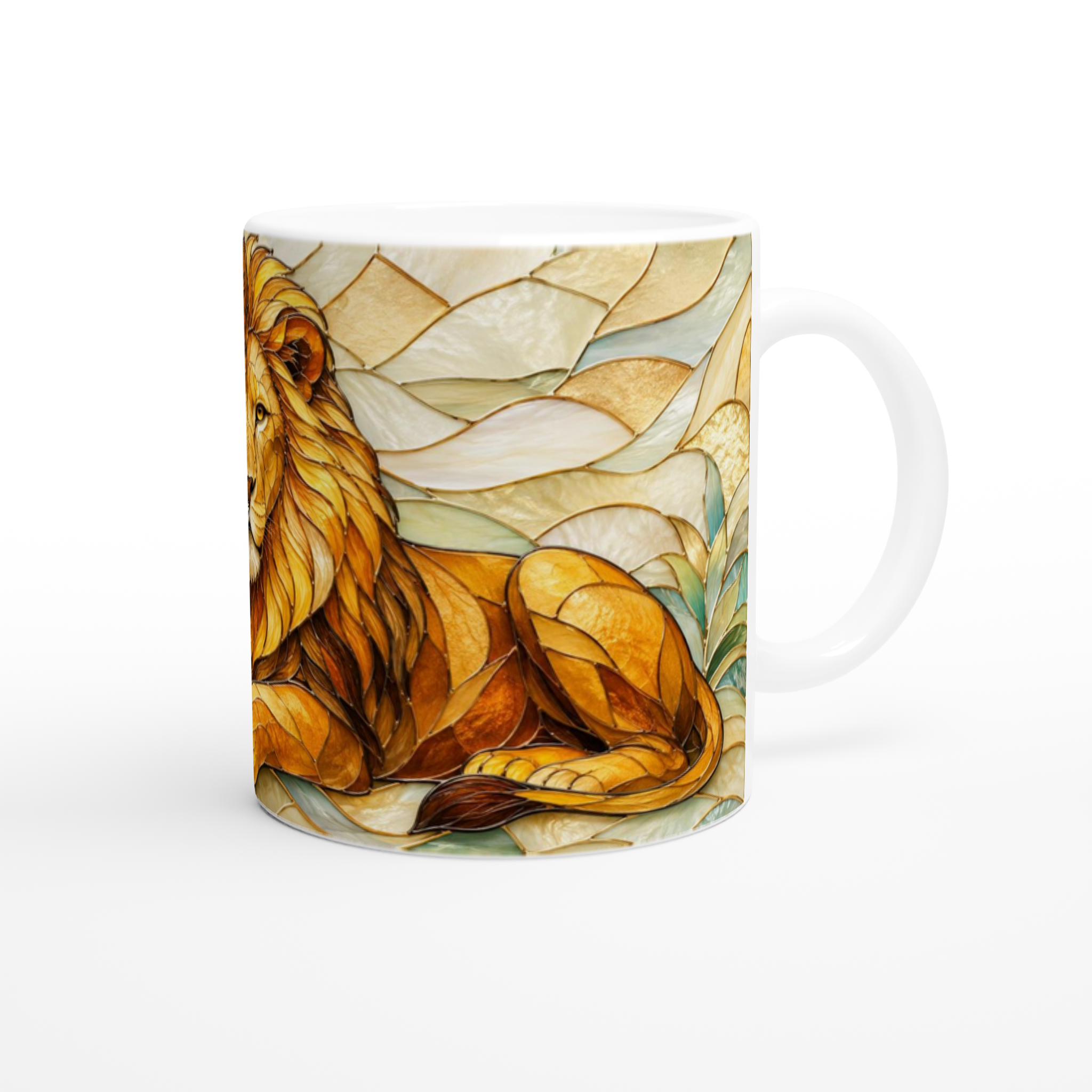 Mug en céramique blanc au motif lion doré et feuillages verts
