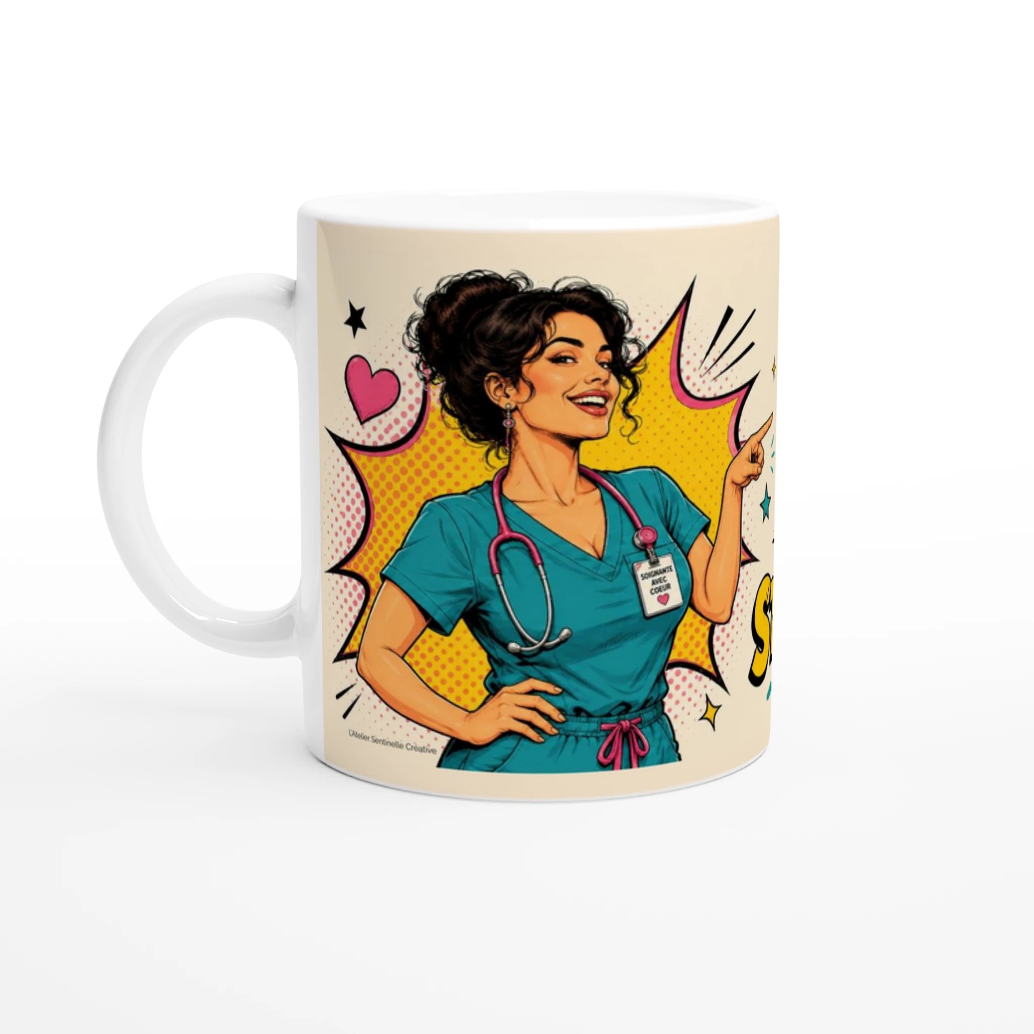 Mug blanc en céramique avec illustration d’infirmière portant un stéthoscope