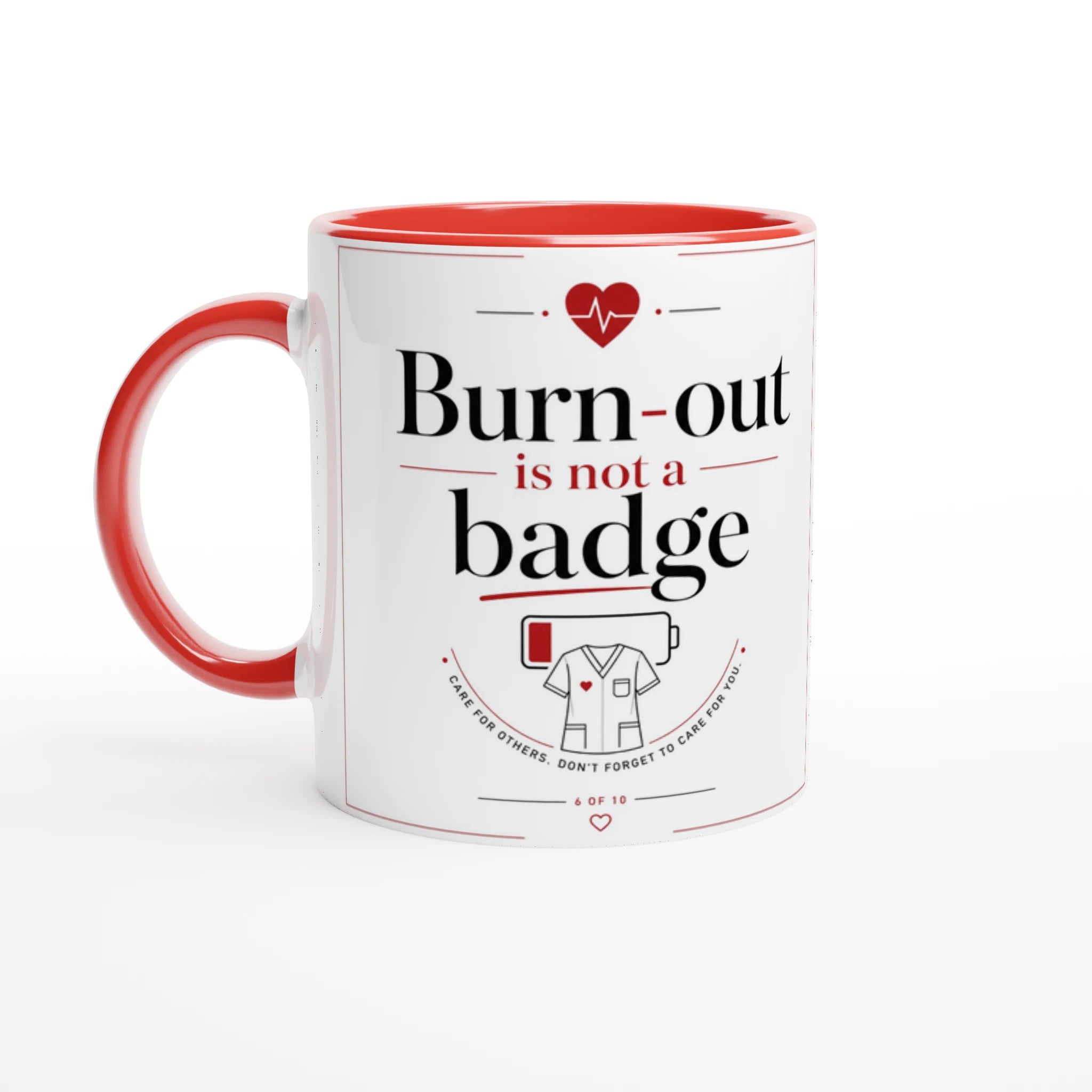 Mug en céramique rouge, poignée rouge et bord rouge, marquage Burn-out.