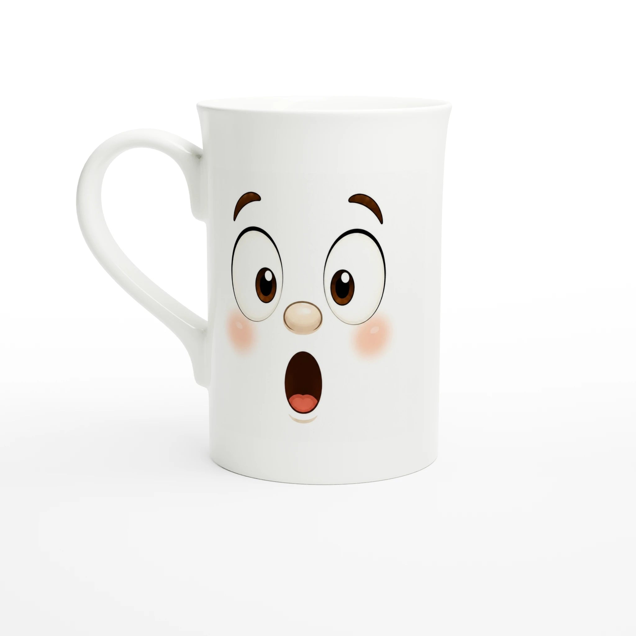 Mug blanc au visage kawaii, grands yeux bruns et bouche ouverte