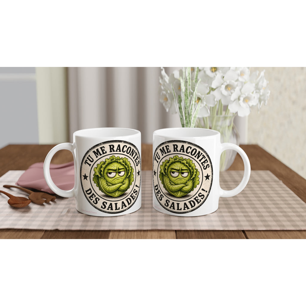 Paire de mugs blancs en céramique avec visage de salade verte et texte « Tu me racontes des salades »