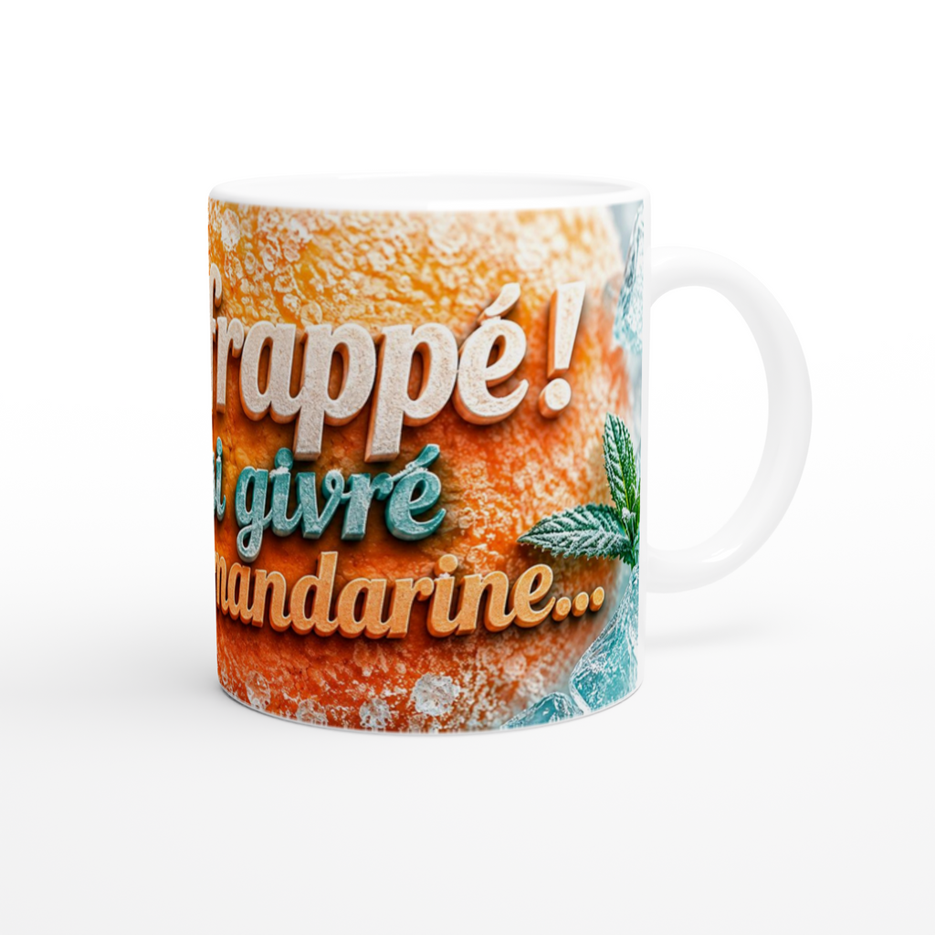 Mug en céramique orange avec texte « frappé! … mandarine… » et anse blanche.