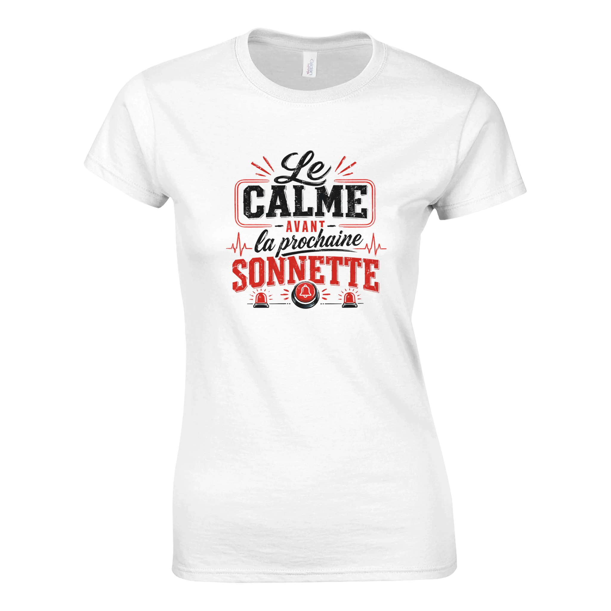 T-shirt blanc manches courtes, imprimé 'Le Calme avant la prochaine Sonnette'.