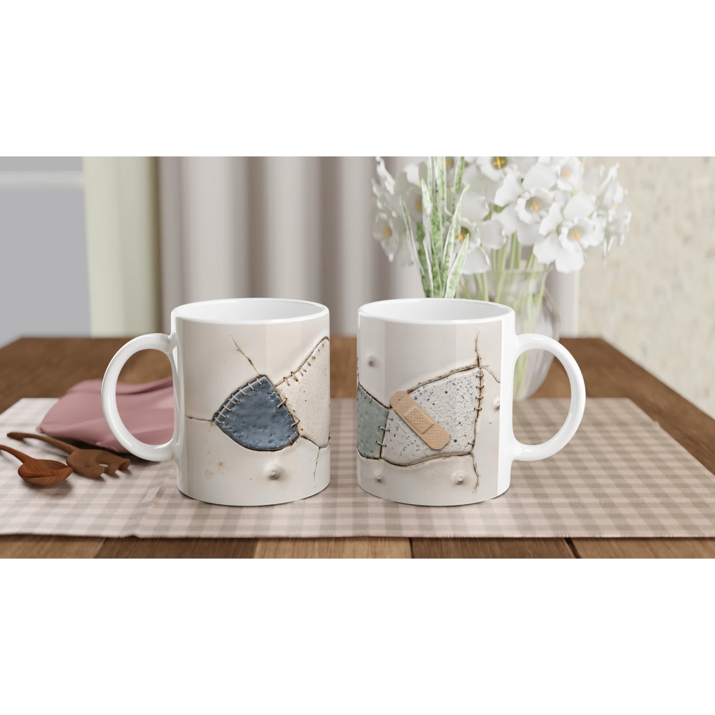 Mug blanc cabossé avec motif en patch bleu et surpiqûres, aspect trompe-l’œil