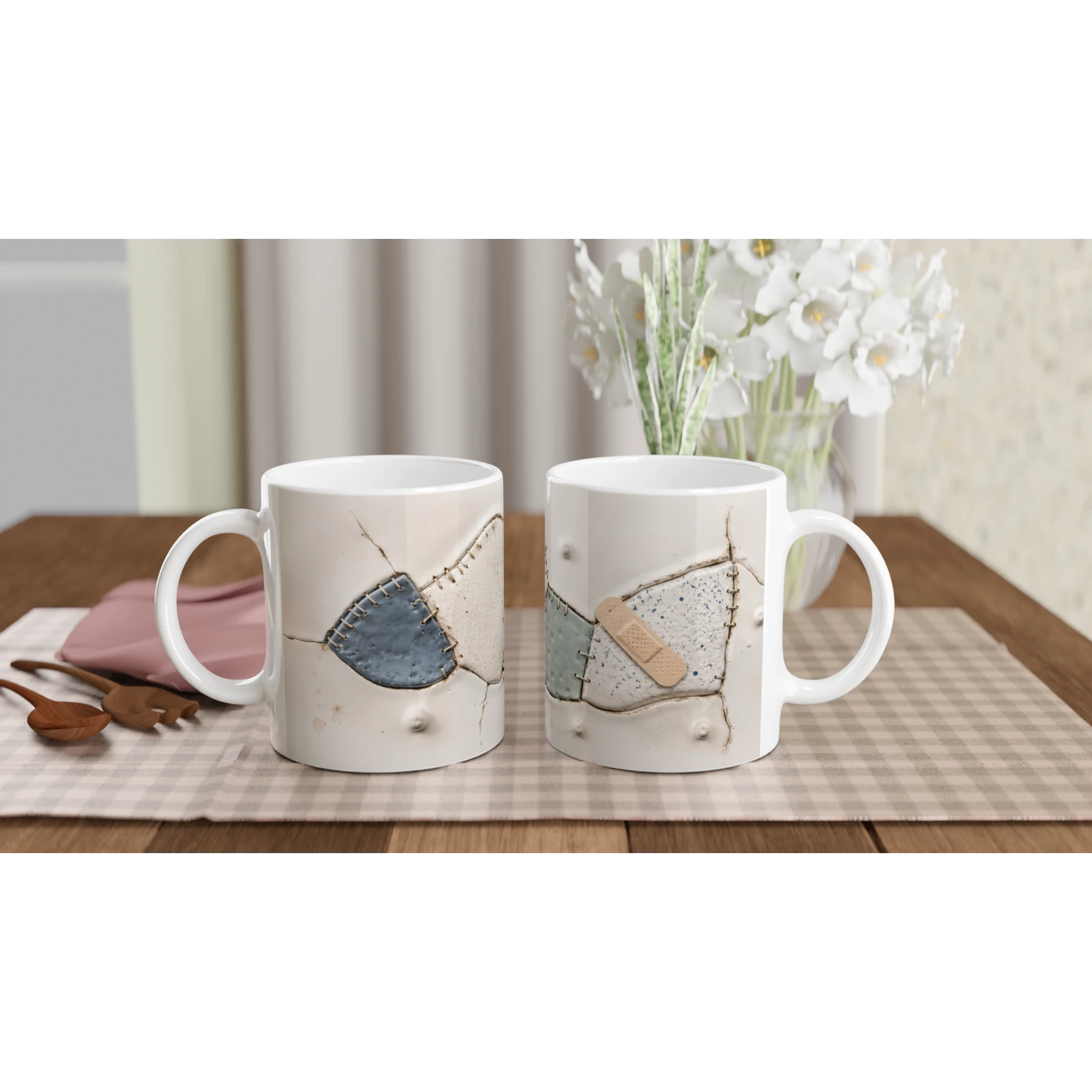 Mug blanc cabossé avec motif en patch bleu et surpiqûres, aspect trompe-l’œil