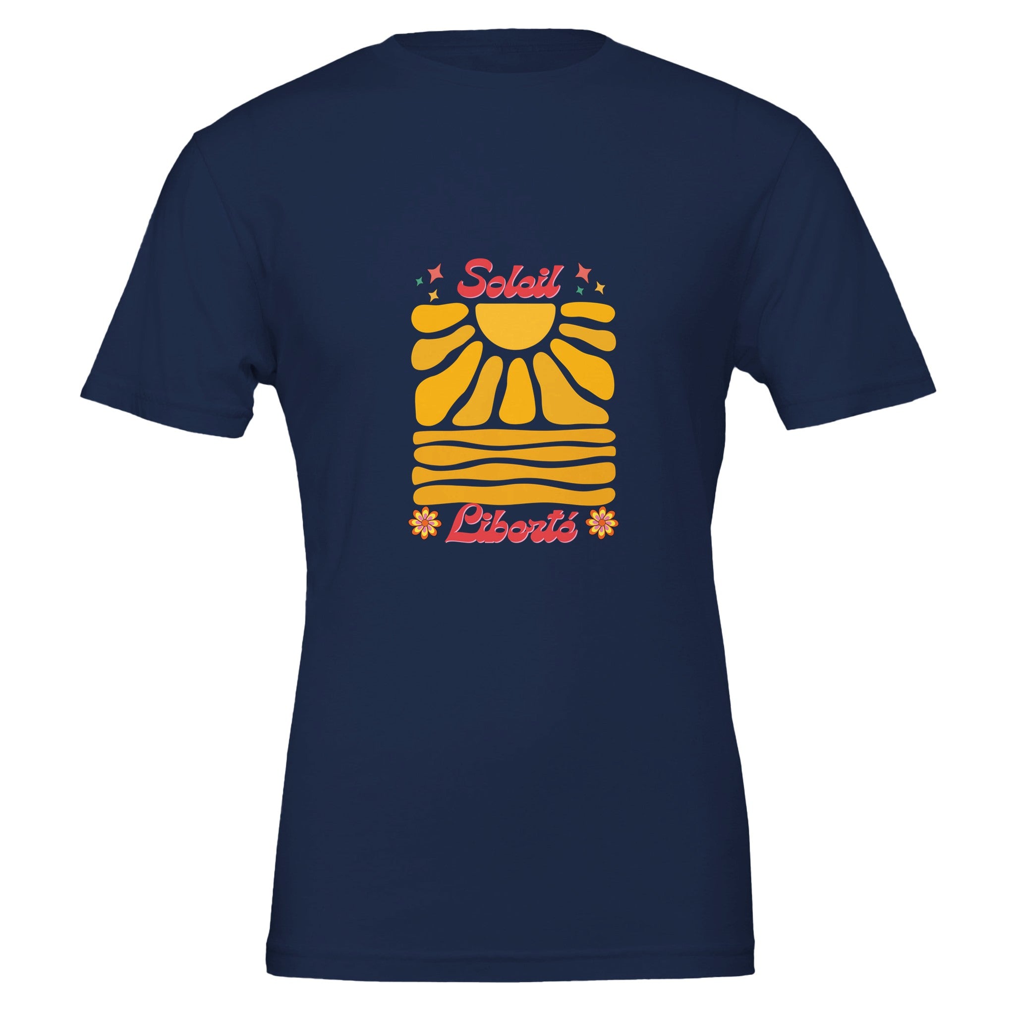 T-shirt bleu marine oversize, dos avec grand motif Soleil et Liberté, manches courtes.