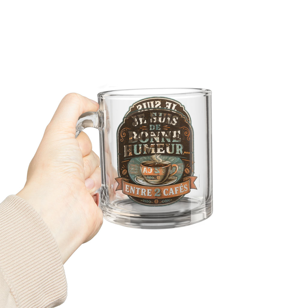 Mug en verre transparent avec poignée, motif Je suis de bonne humeur, vue latérale