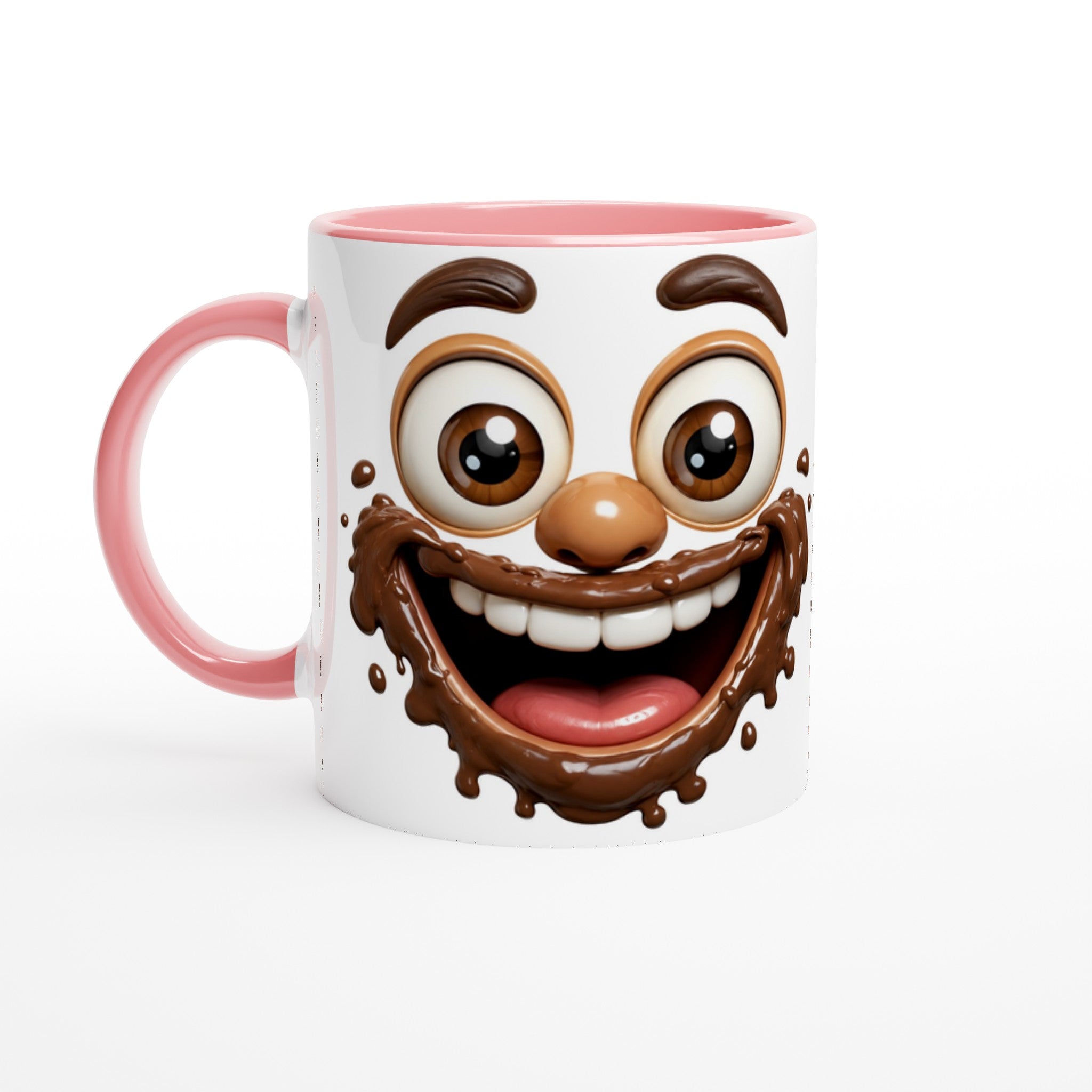Mug en céramique blanche à rebord rose et anse rose, visage chocolat souriant