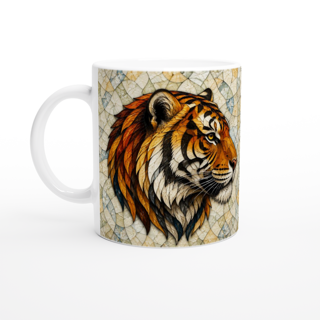 Mug en céramique blanche avec tigre de profil, motif craquelé sur toute la surface