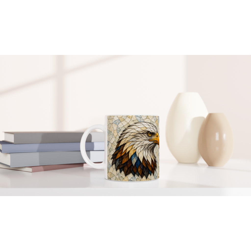 Tasse en céramique blanche avec motif tête d’aigle coloré, anse blanche visible