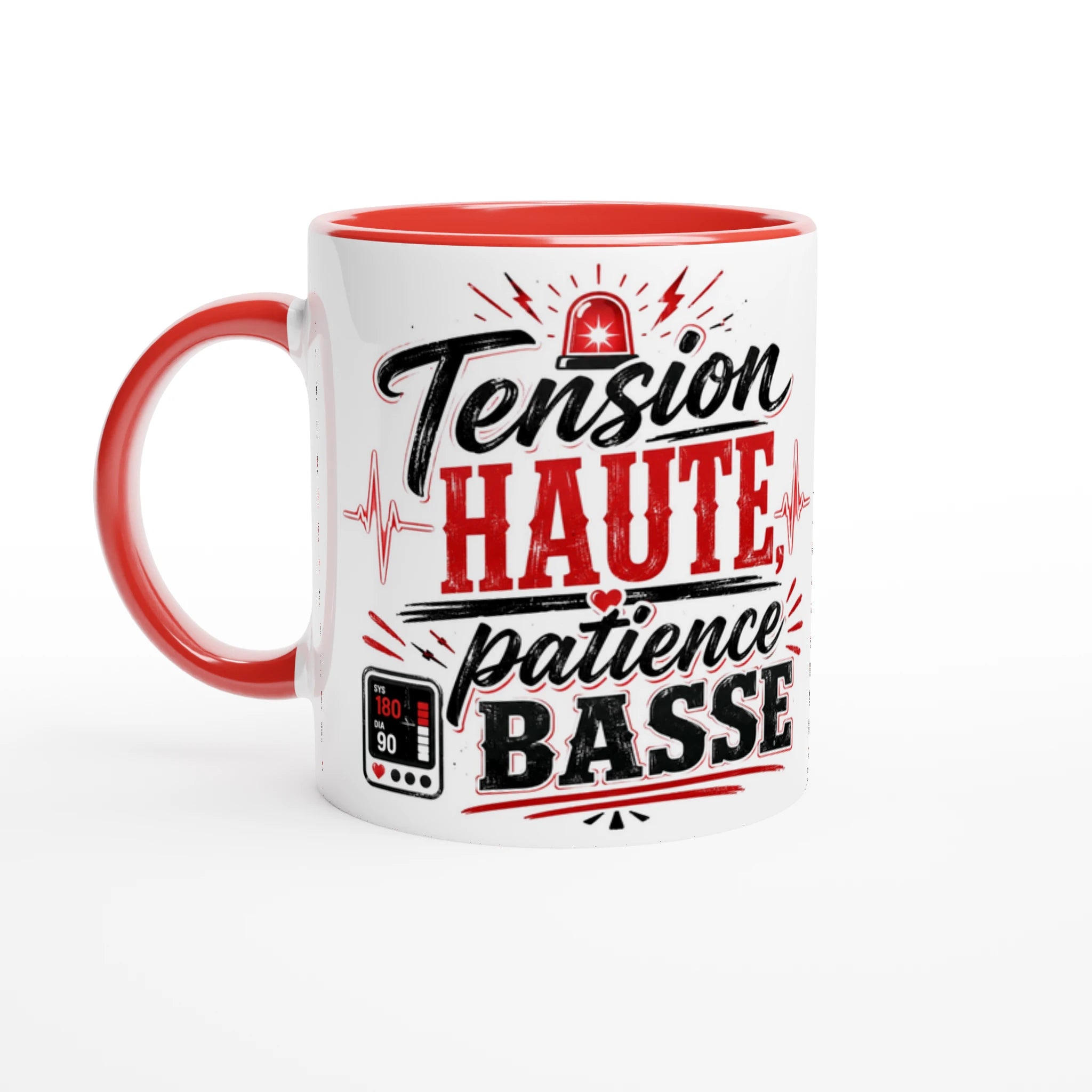 Mug en céramique blanc, anse rouge et intérieur rouge, « Tension HAUTE patience BASSE ».