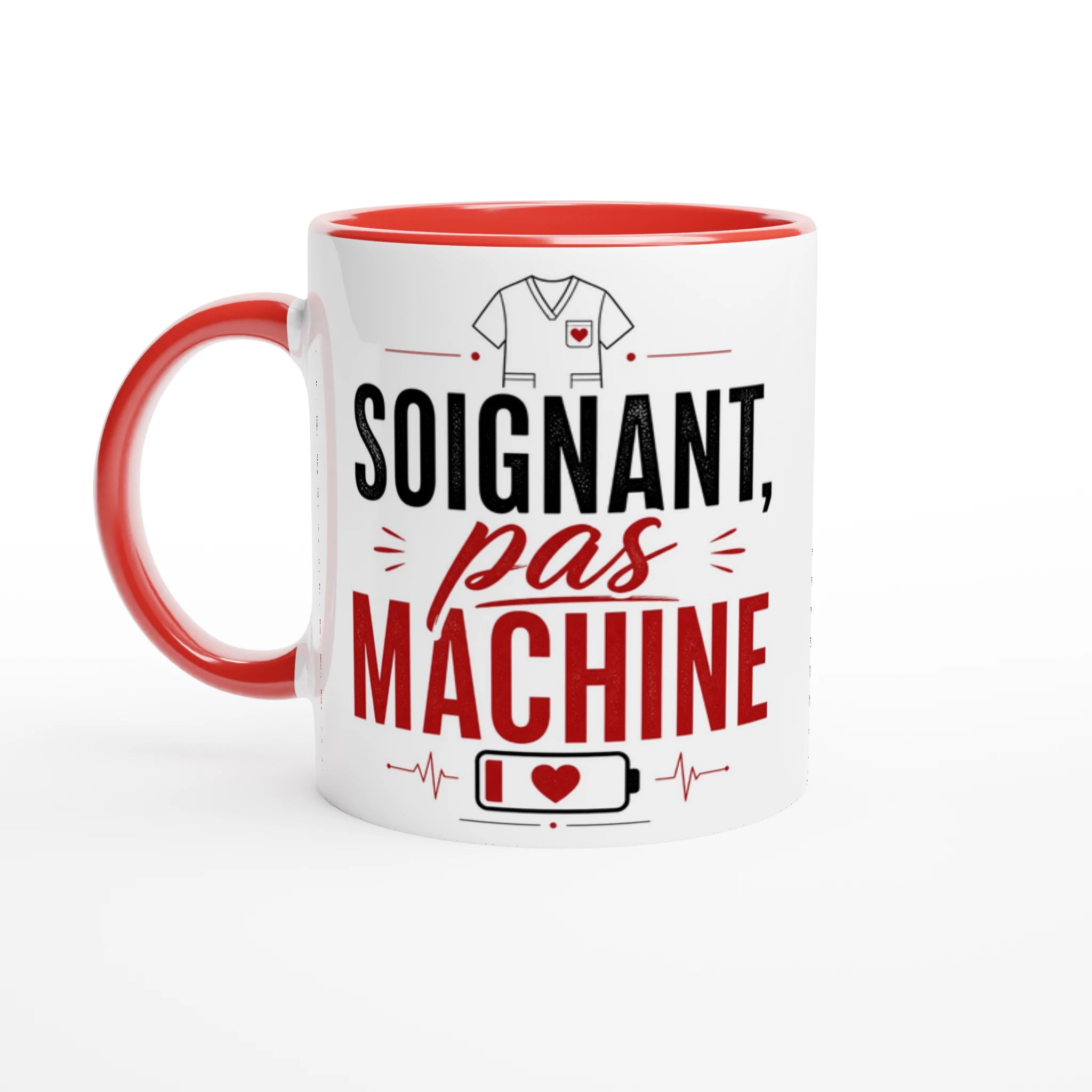 Mug céramique blanc à anse rouge, imprimé « Soignant, pas machine ».