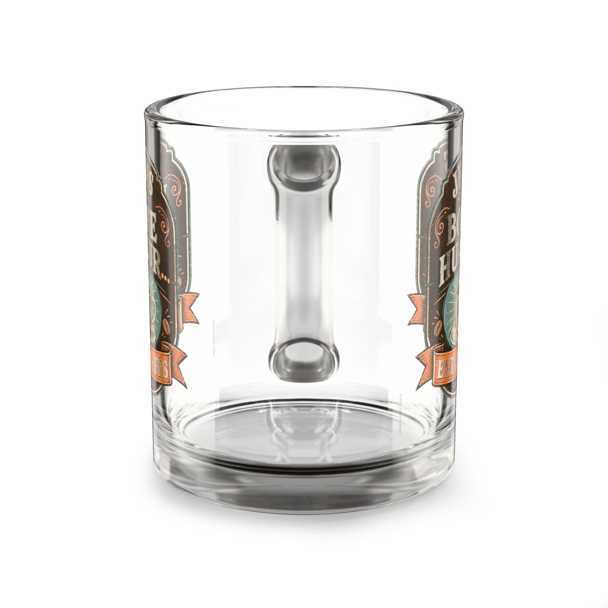 Mug en verre transparent, motif décoratif café sur les côtés, poignée non visible