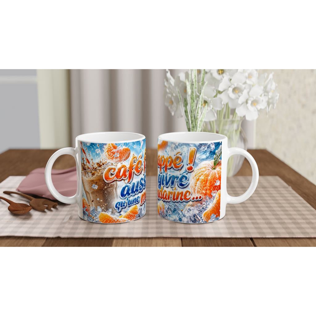 Deux mugs en céramique blanche, impression bleue et orange avec texte humoristique