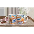 Deux mugs en céramique blanche, impression bleue et orange avec texte humoristique