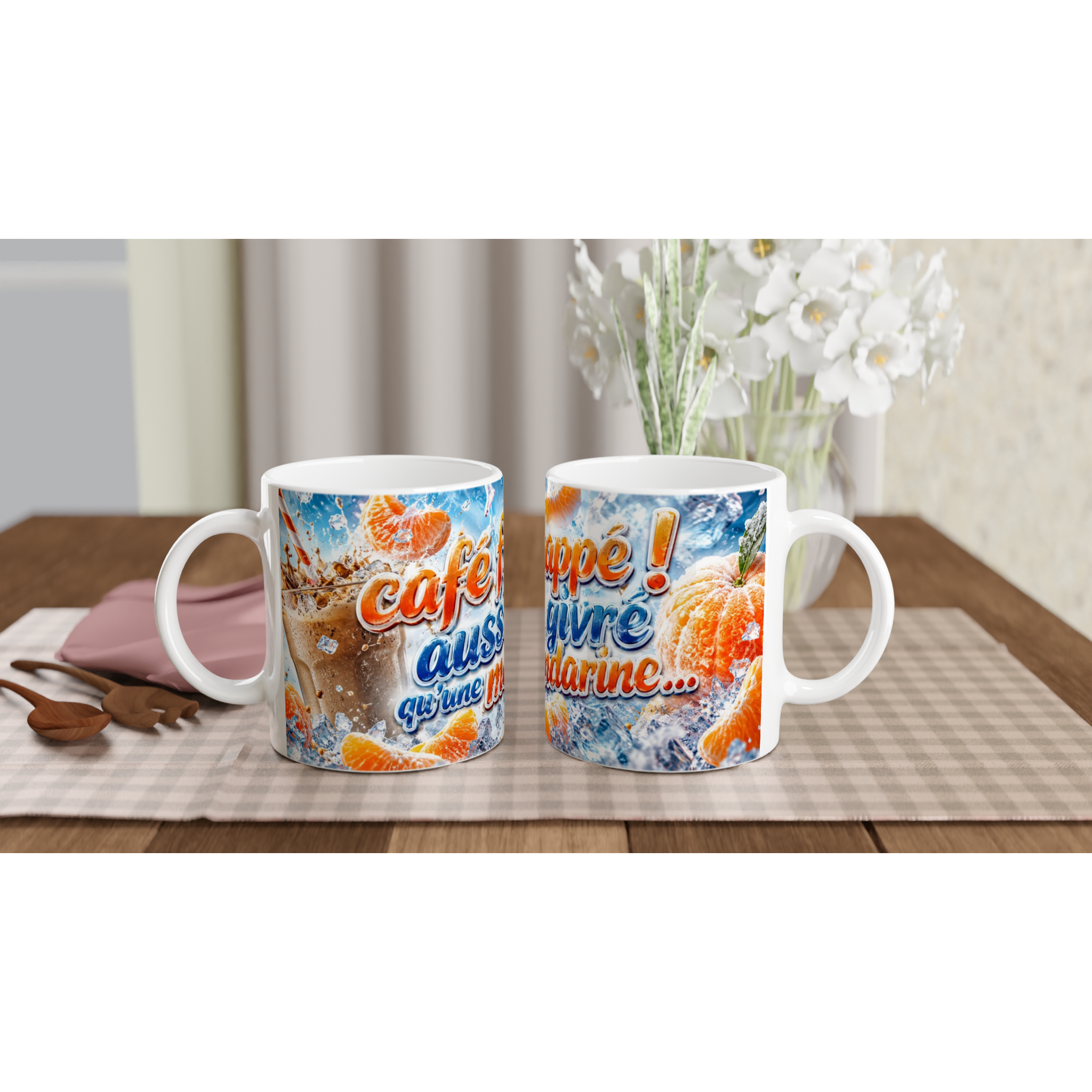 Deux mugs en céramique blanche, impression bleue et orange avec texte humoristique