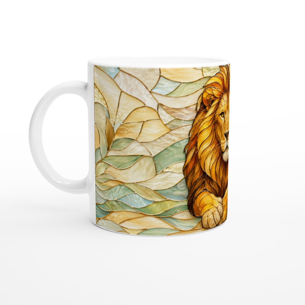Mug en céramique blanc, motif lion au bord et feuilles vertes sur fond clair