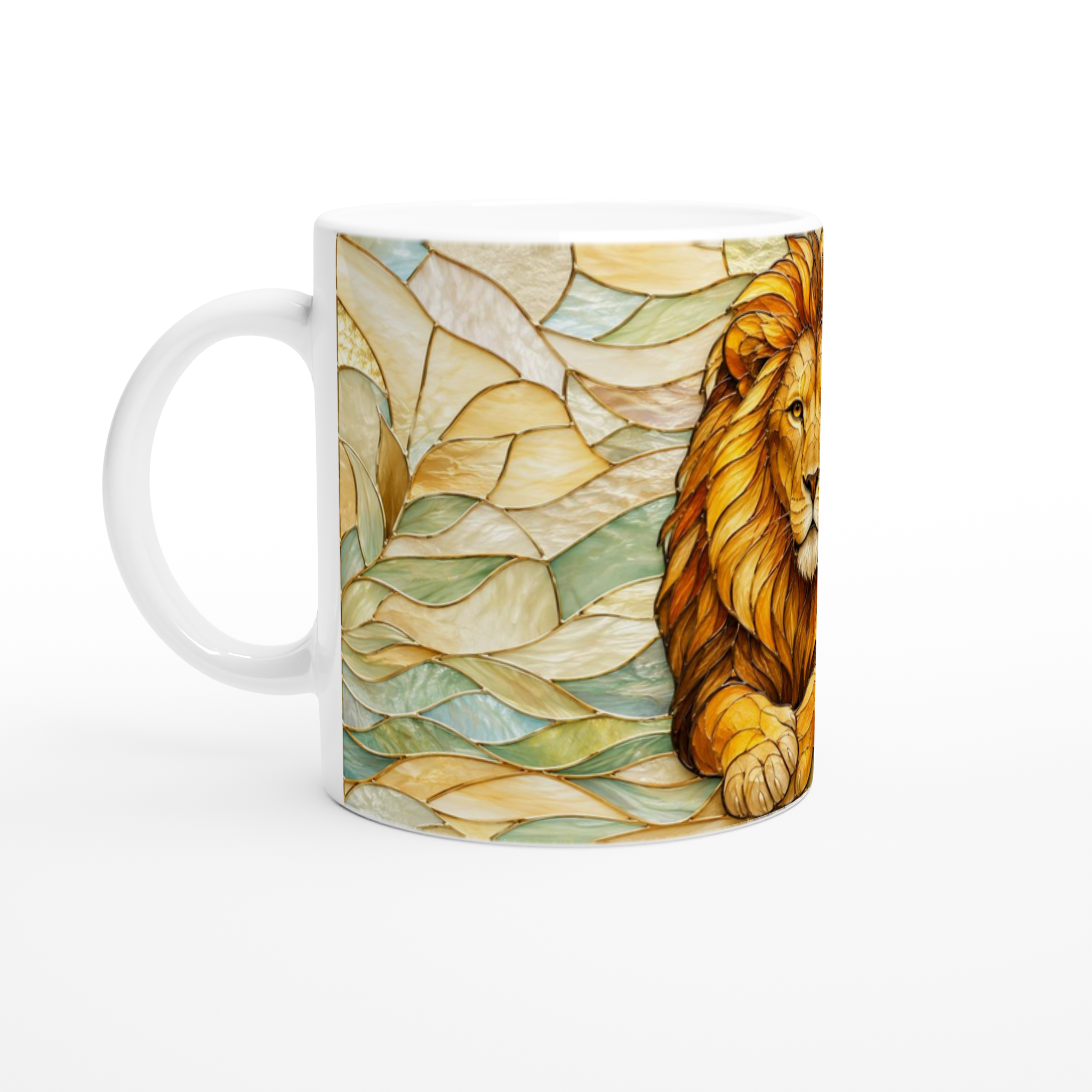 Mug en céramique blanc, motif lion au bord et feuilles vertes sur fond clair