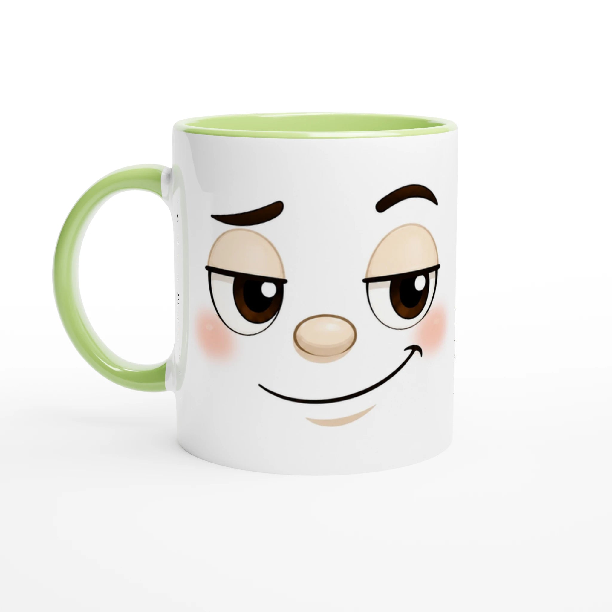 Mug en céramique blanc à bord et anse vert, visage kawaii souriant