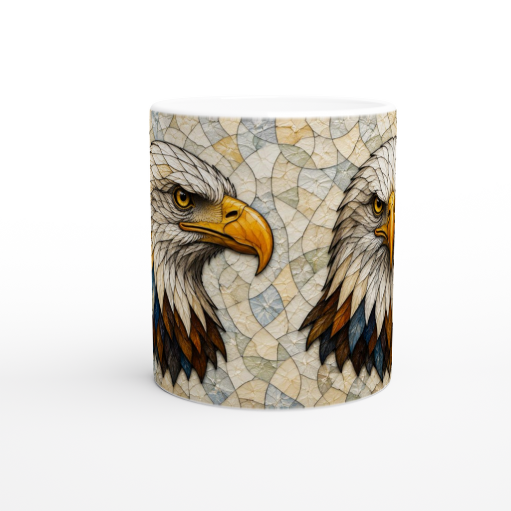Tasse en céramique blanche avec illustration de deux têtes d’aigle, style mosaïque