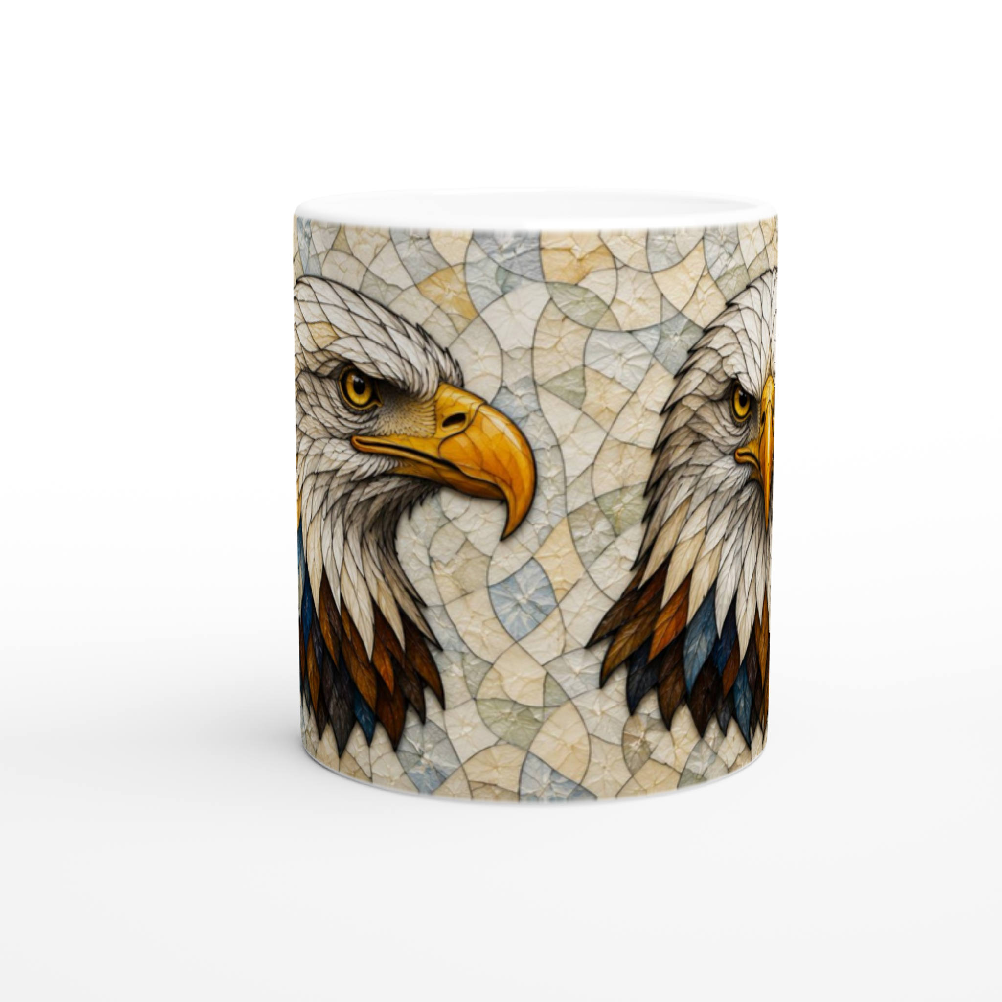 Tasse en céramique blanche avec illustration de deux têtes d’aigle, style mosaïque