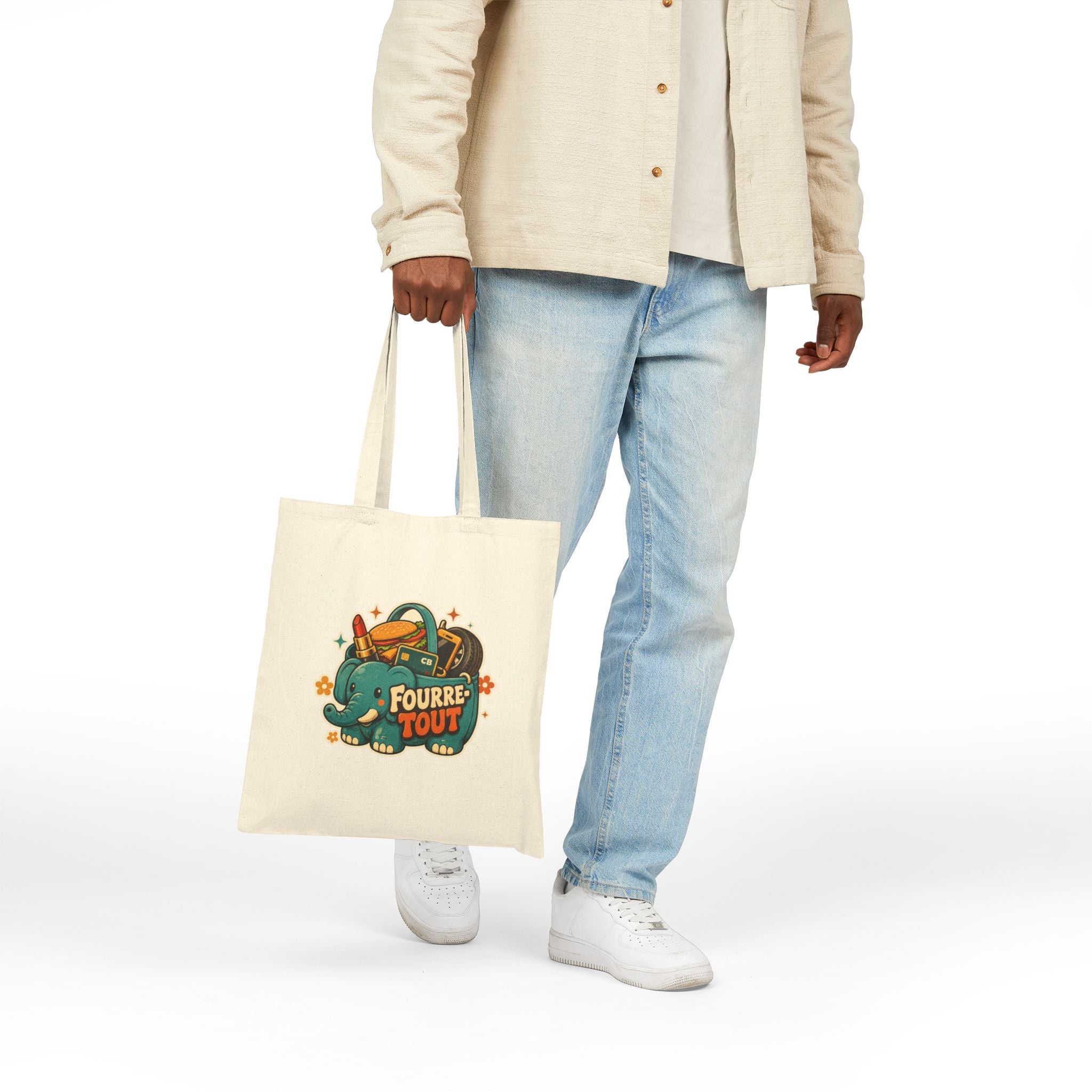 Tote bag en toile naturel porté au bras, motif éléphant Fourre TOUT