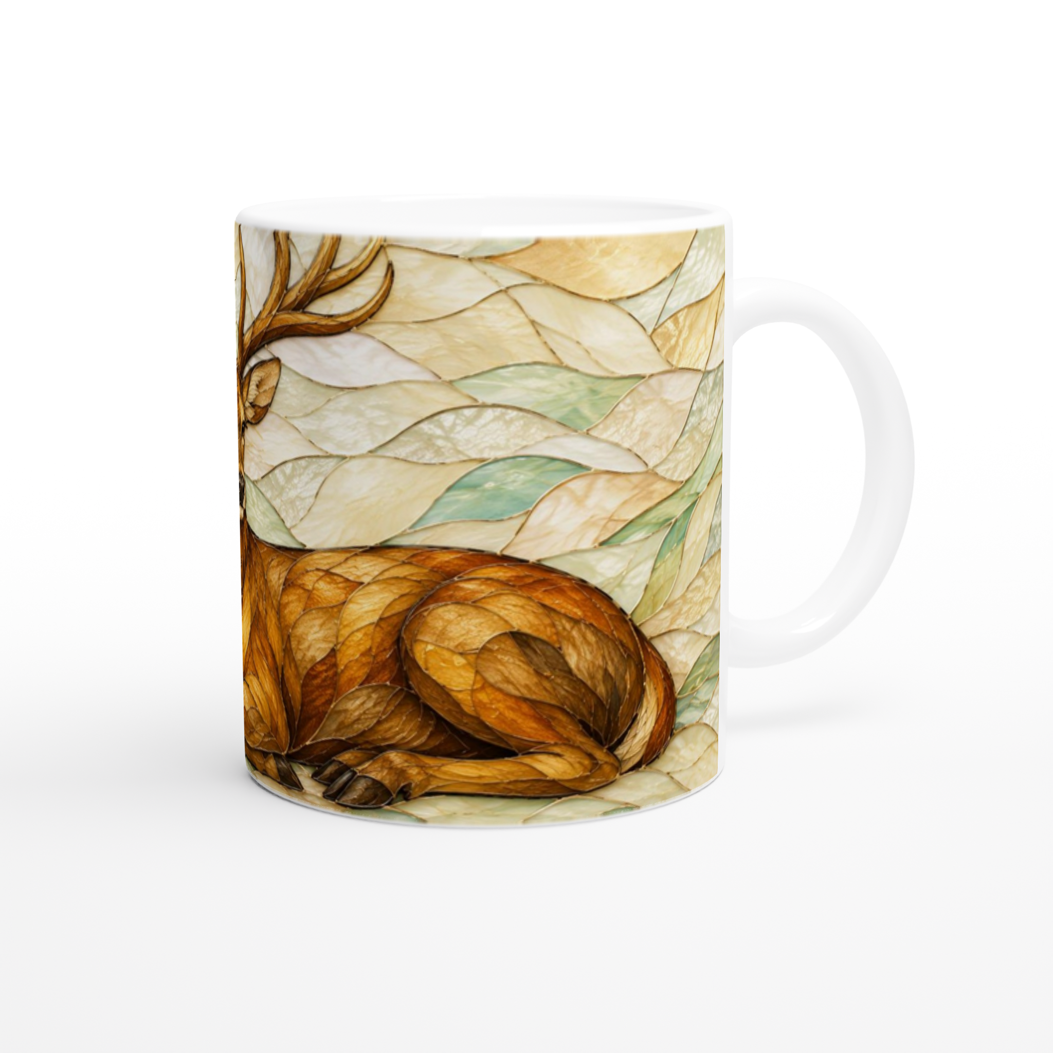 Mug en céramique blanche avec illustration de cerf allongé, anses blanches.