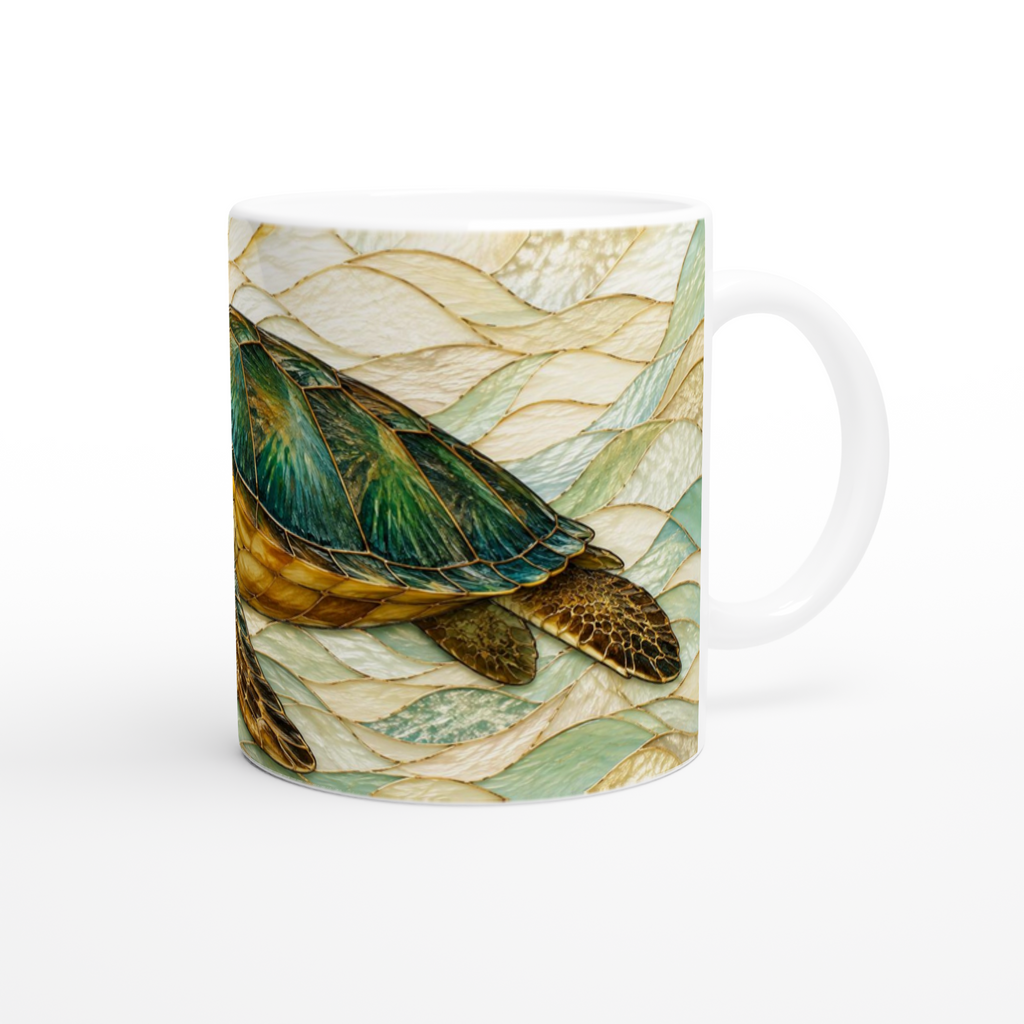 Tasse en céramique blanche 11 oz, motif de tortue verte, vue de face