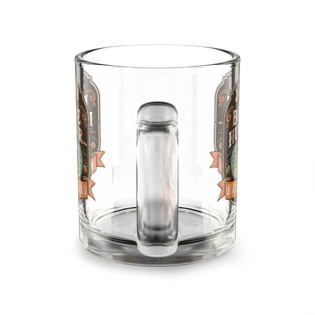 Mug en verre transparent avec poignée, cylindre au centre, motif café sur les côtés