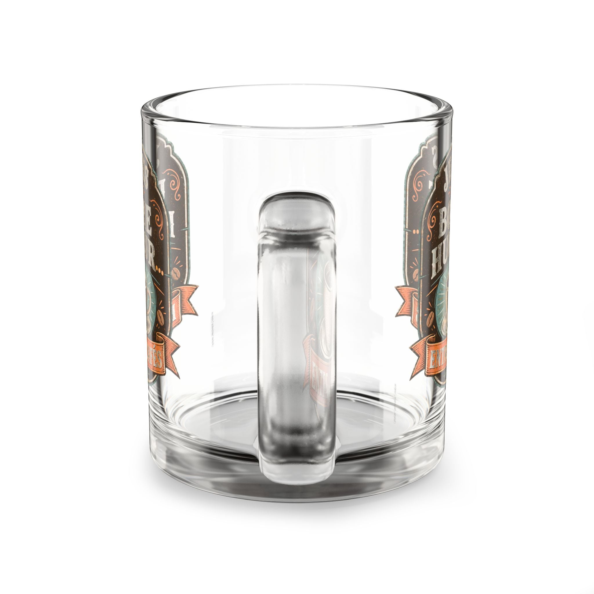 Mug en verre transparent avec poignée, cylindre au centre, motif café sur les côtés