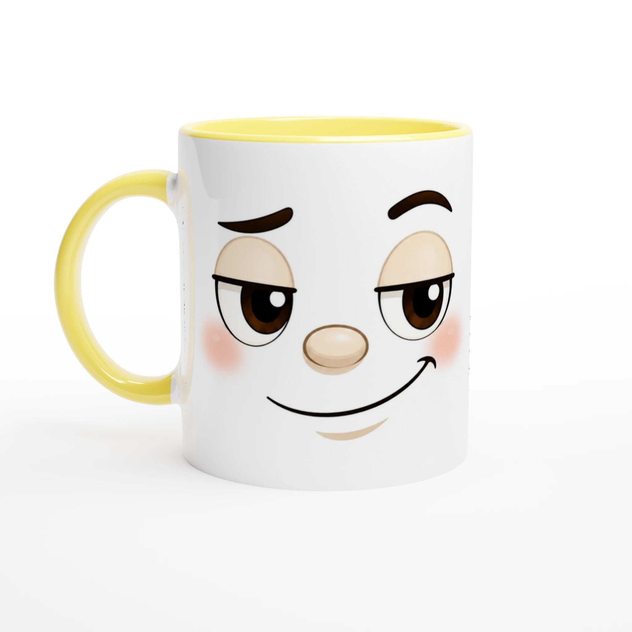 Mug en céramique blanc à bord et anse jaunes, visage kawaii souriant