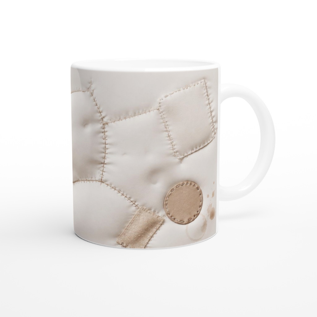 Tasse blanche avec décor trompe-l’œil de pièces et coutures beige, poignée latérale.