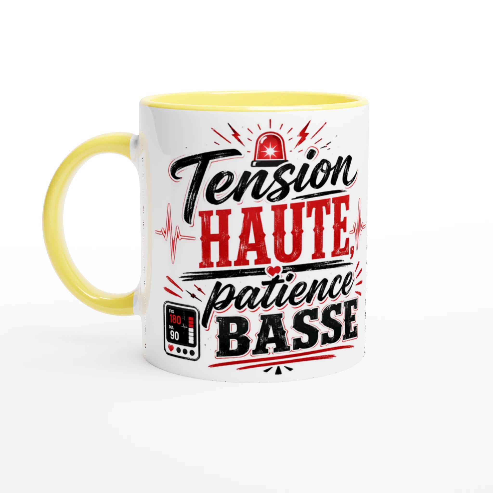 Mug en céramique blanc, anse jaune, inscription Tension Haute patience Basse
