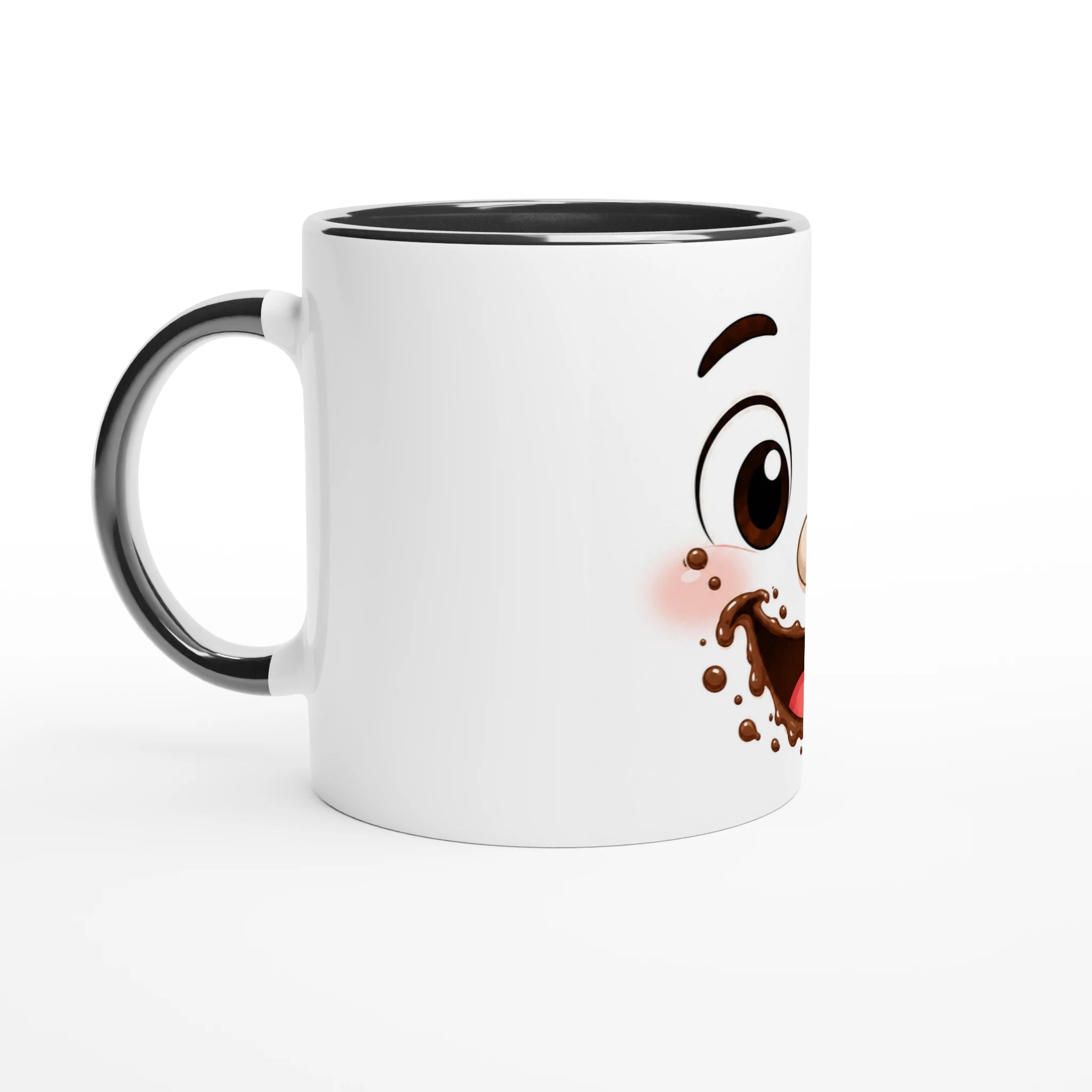 Mug blanc en céramique avec visage Kawaii au chocolat, bord et anse noire