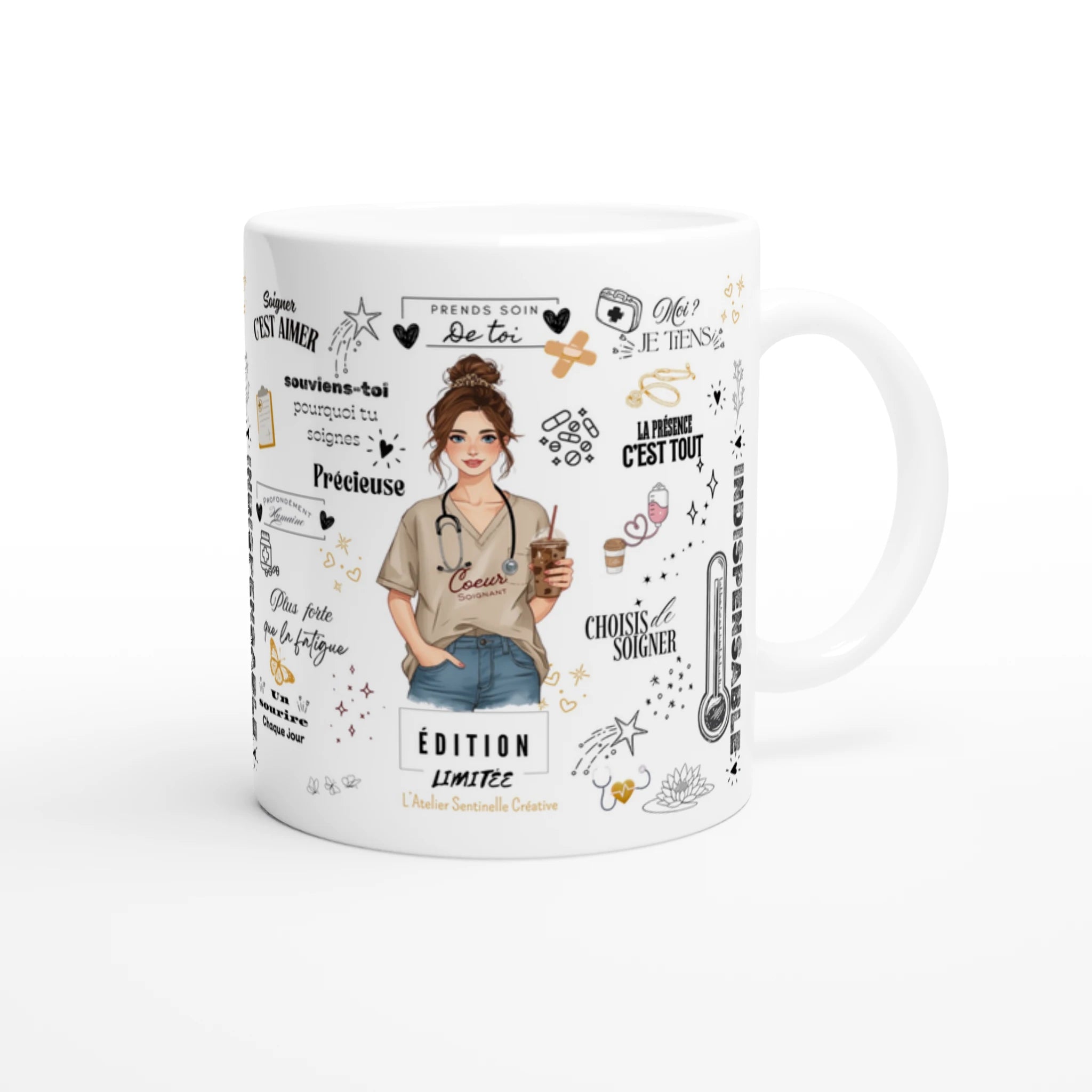 Mug blanc avec portrait d’infirmière et texte « Choisis de soigner »