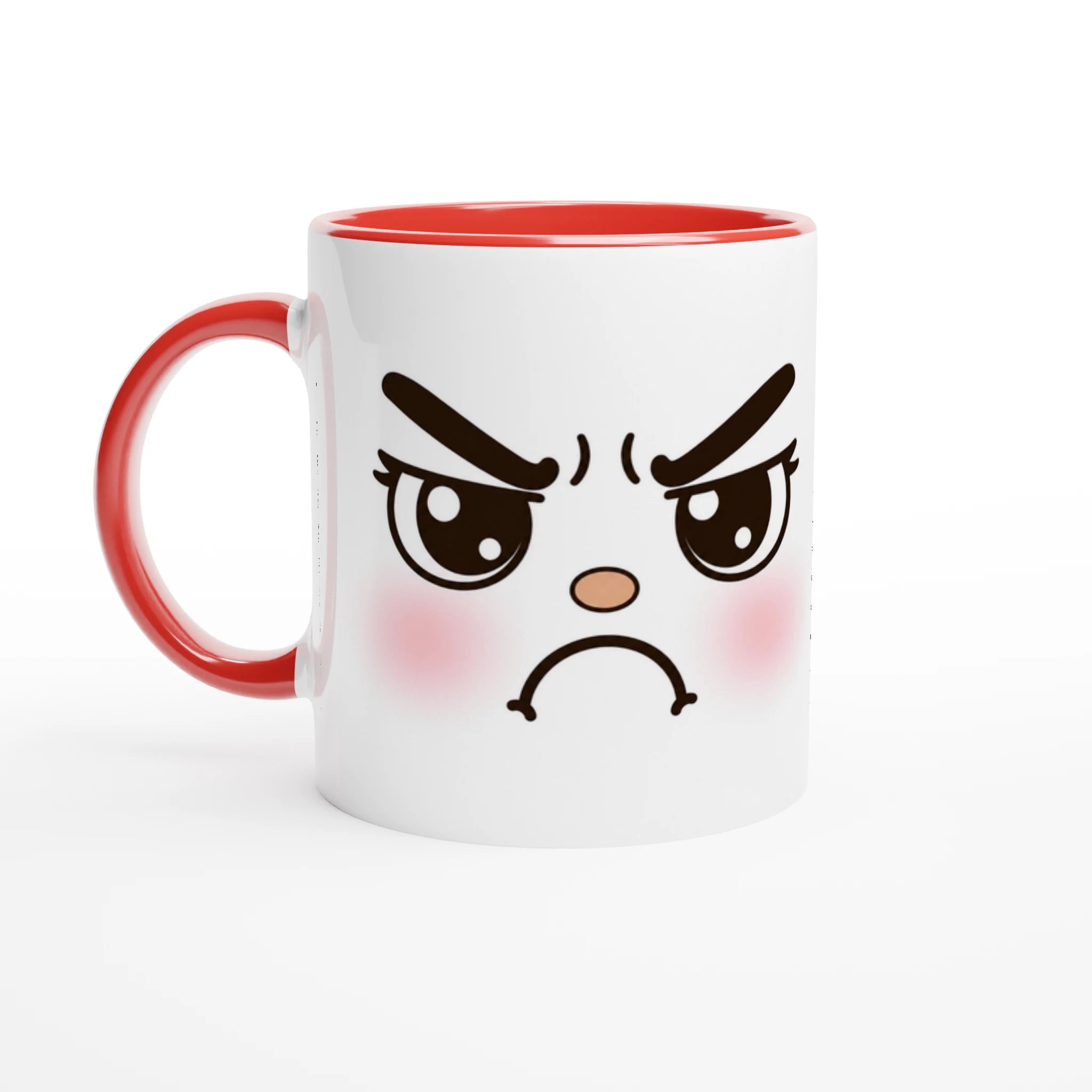 Mug blanc en céramique avec visage kawaii en colère; anse et intérieur rouges.