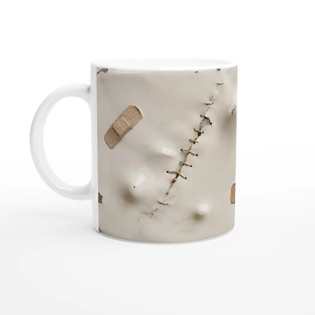 Mug blanc avec manche et couture en zigzag sur l’illustration