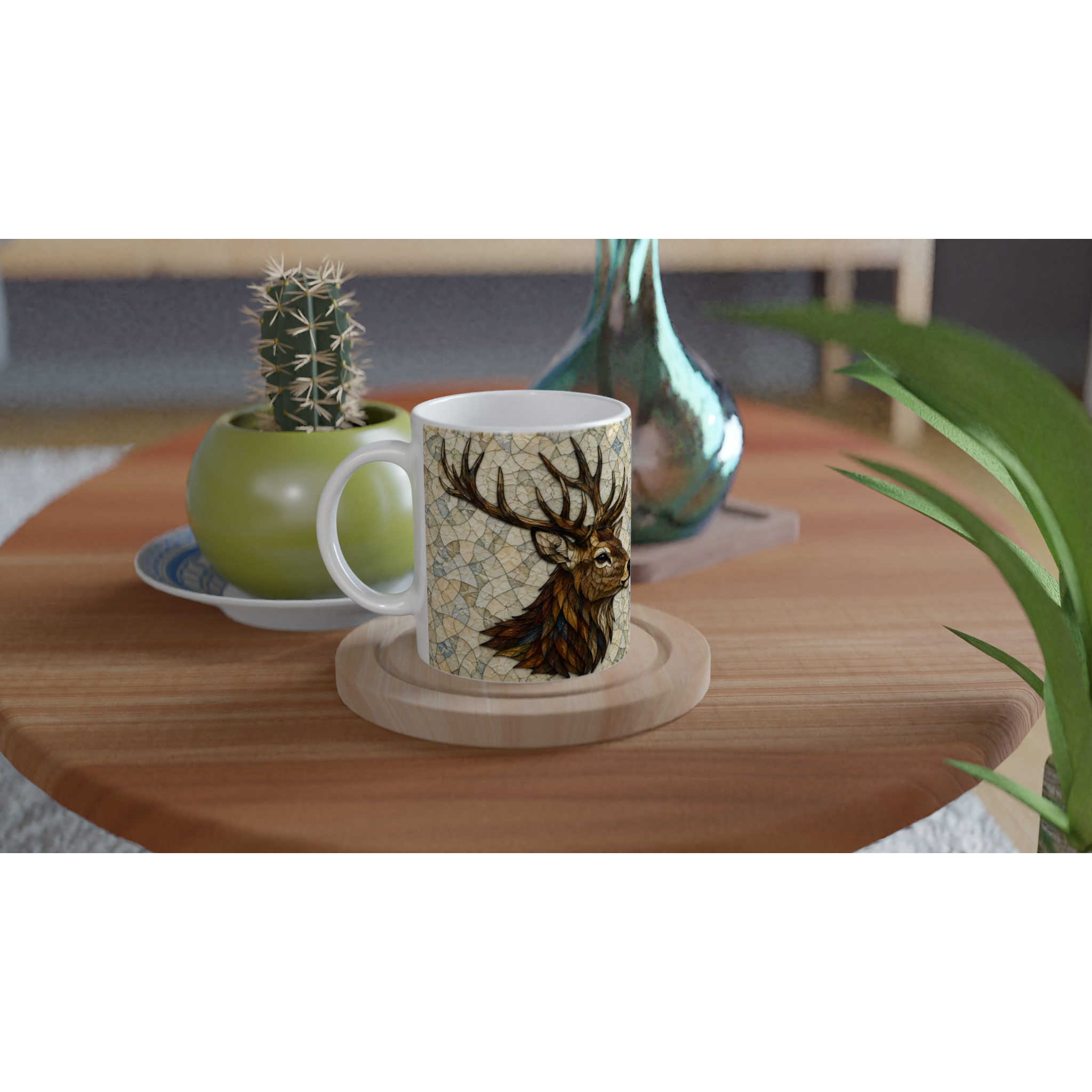 Mug en céramique blanc avec cerf au centre, motif coloré, anses latérales