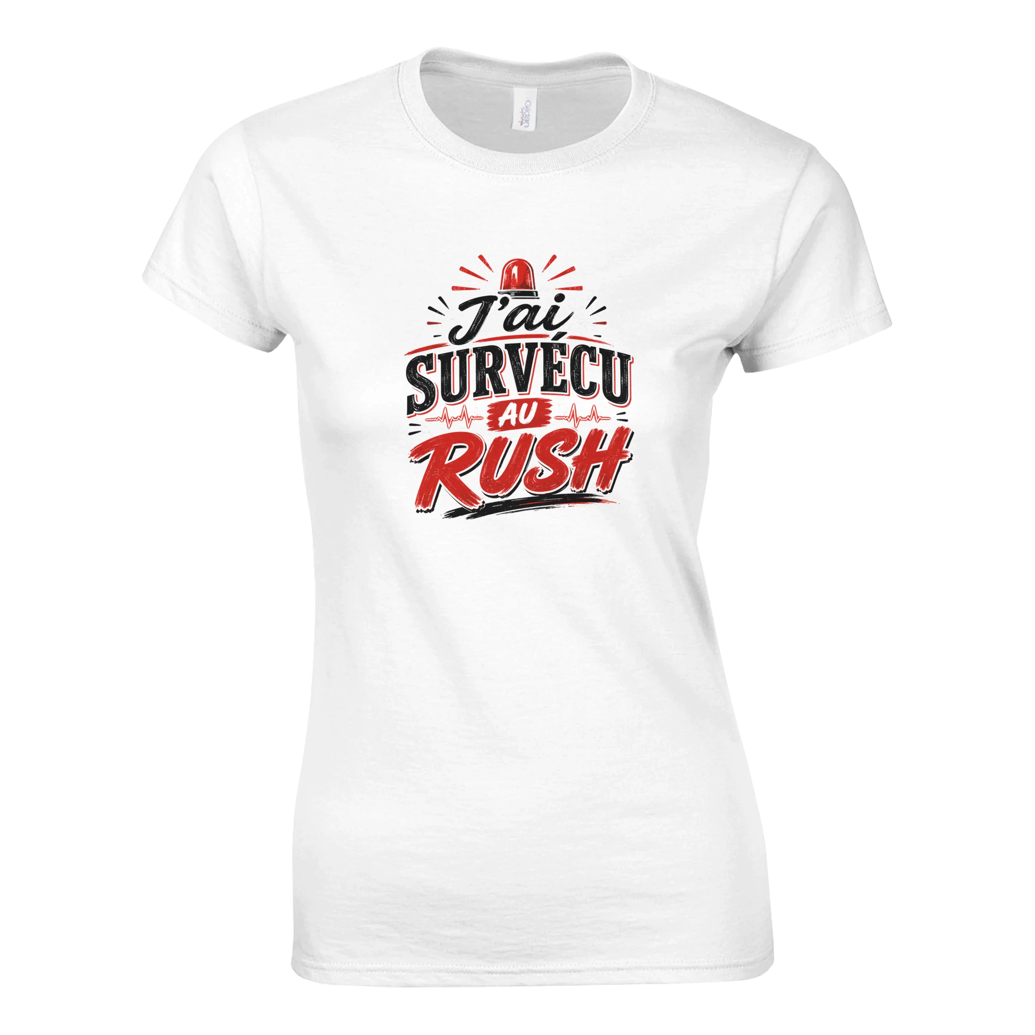 T-shirt blanc, col rond et imprimé « J'ai survécu au rush » en couleurs
