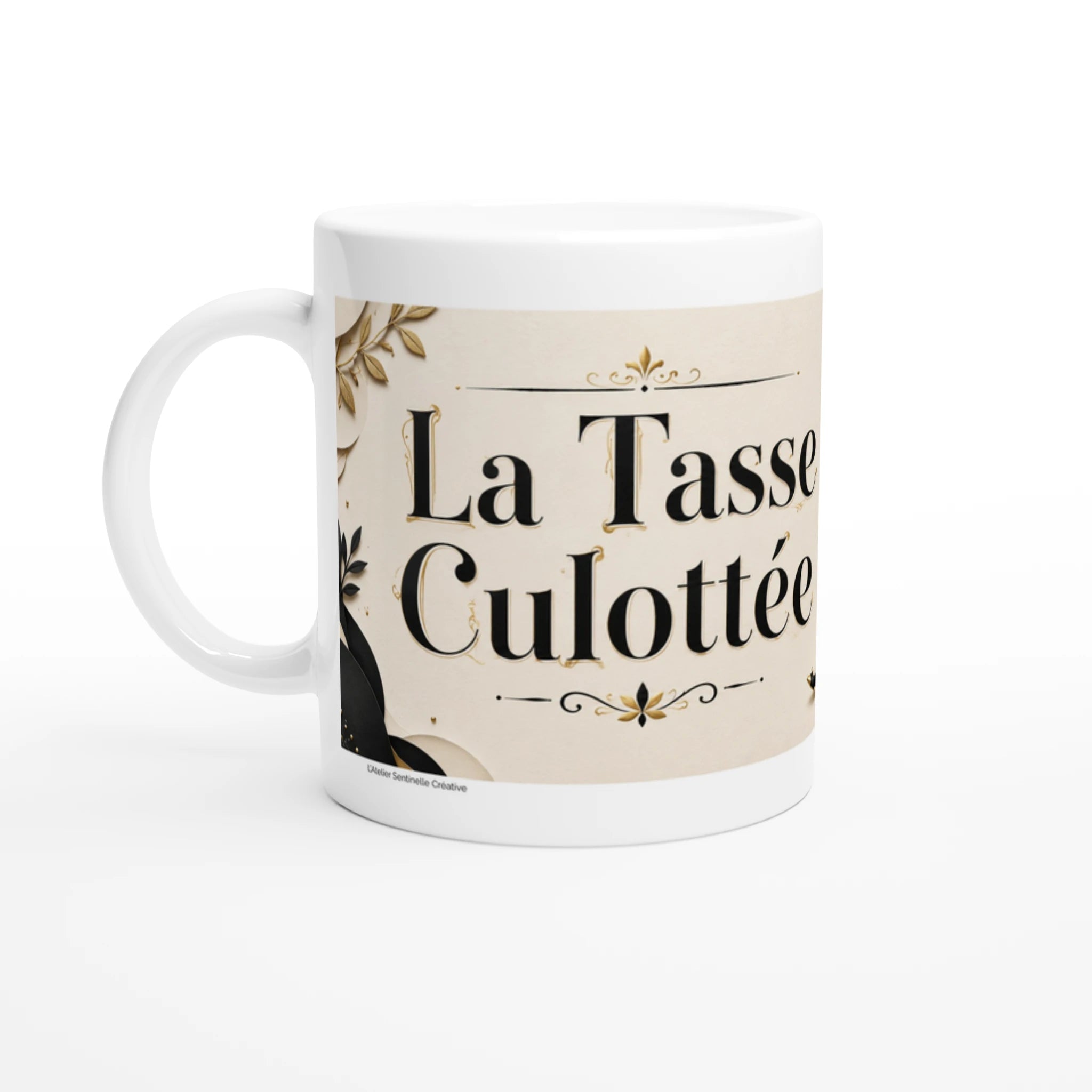 Mug blanc, grand lettrage « La Tasse Culottée » et décor doré